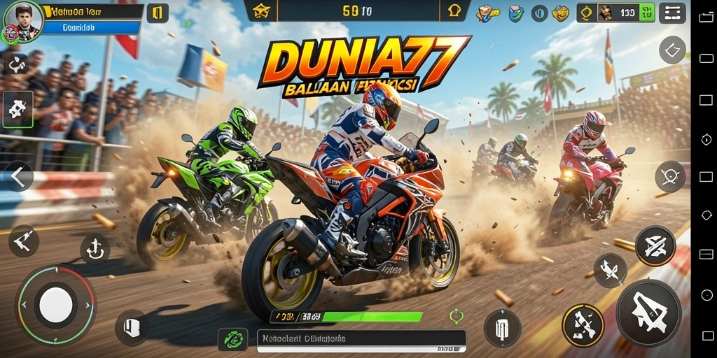 Screenshot gameplay DUNIA77 yang menampilkan balapan motor yang mendebarkan.