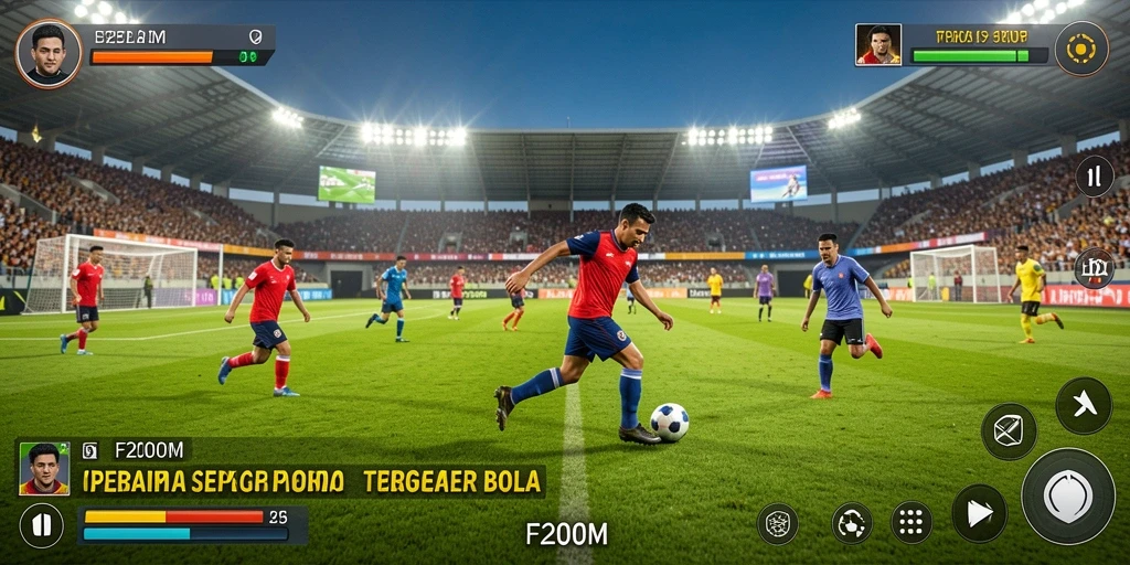 Tampilan gameplay F200M yang penuh aksi di lapangan sepak bola.