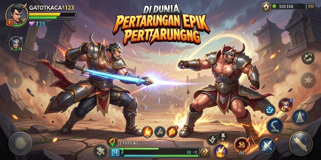 Gameplay GATOTKACA123 menampilkan pertarungan seru antar karakter yang terampil.