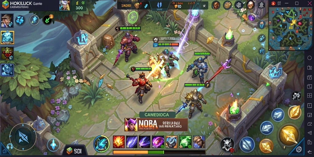 Tampilan menarik gameplay HOKILUCK dengan pertarungan MOBA yang intens.