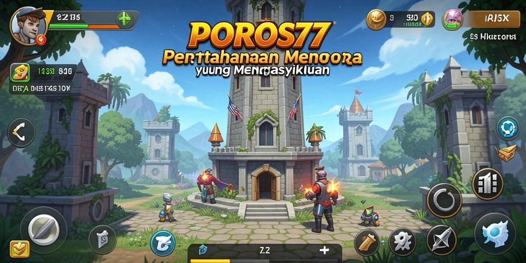 Screenshot utama POROS77 menampilkan aksi menara pertahanan yang intens dan strategi permainan.