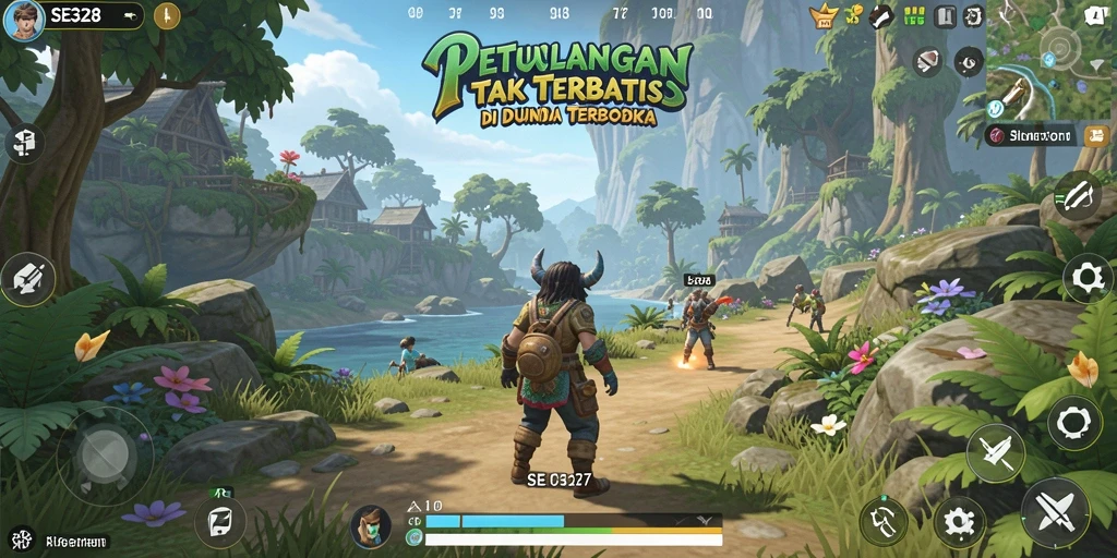 Tangkapan layar SE328 menampilkan karakter menjelajahi dunia terbuka yang indah dan dinamis.