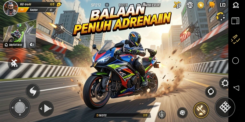 Gameplay SP212 menampilkan adu balap motor seru dan mendebarkan.