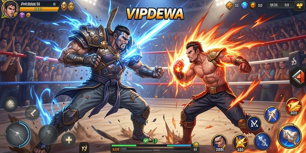 Gameplay pertarungan seru di VIPDEWA dengan berbagai karakter.