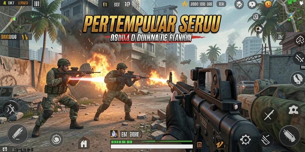 Screenshot menunjukkan aksi pertempuran intens dalam gameplay TPS.